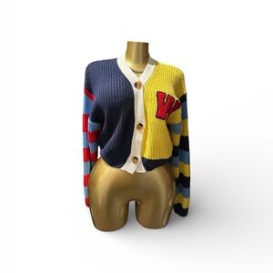 Colorful Striped Cardigan with Letter Patch